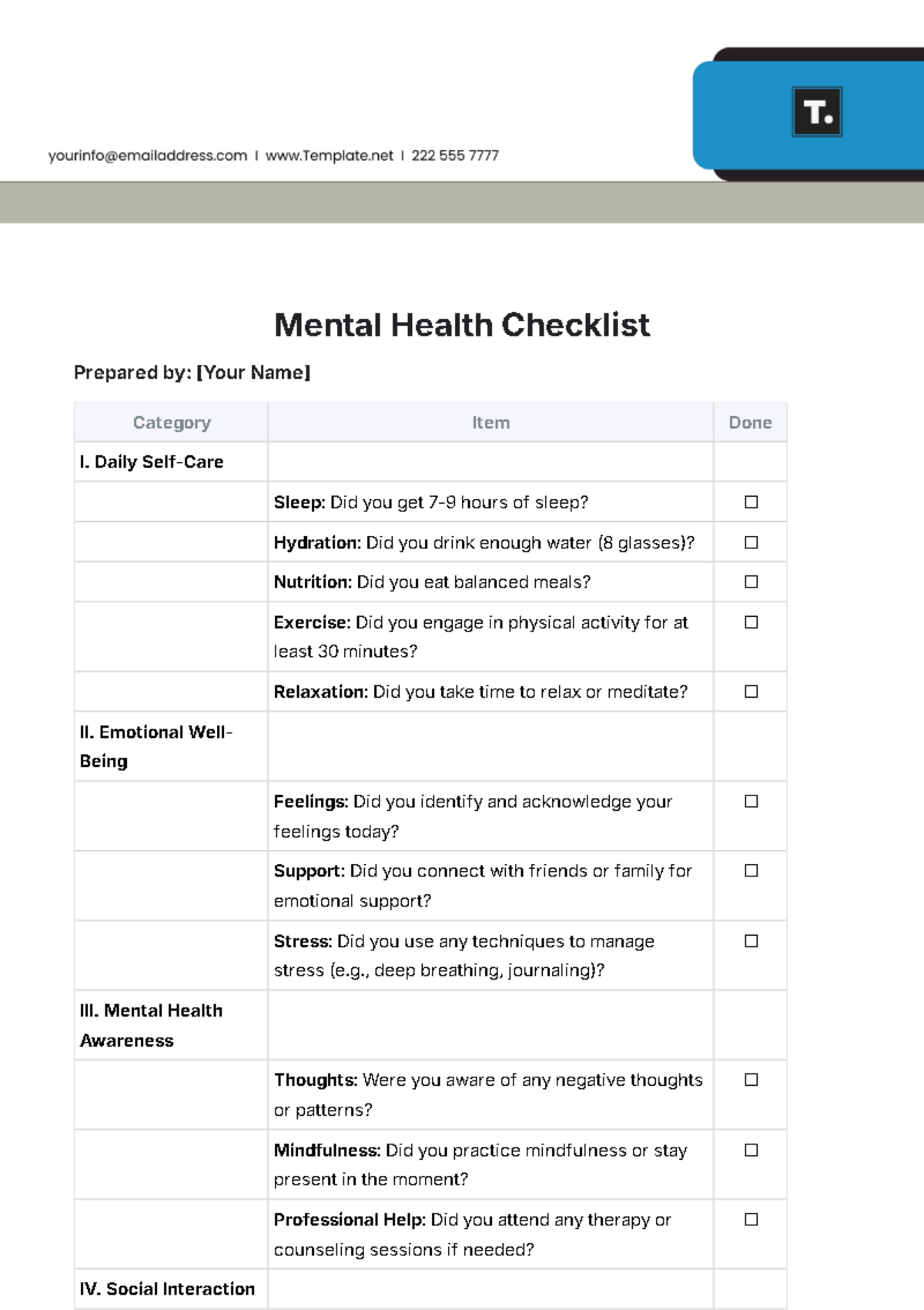 Mental Health Checklist Template