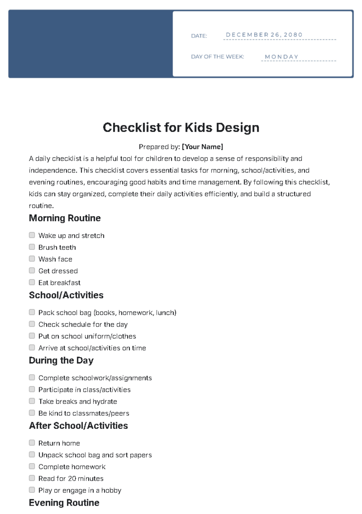 Checklist for Kids Design Template