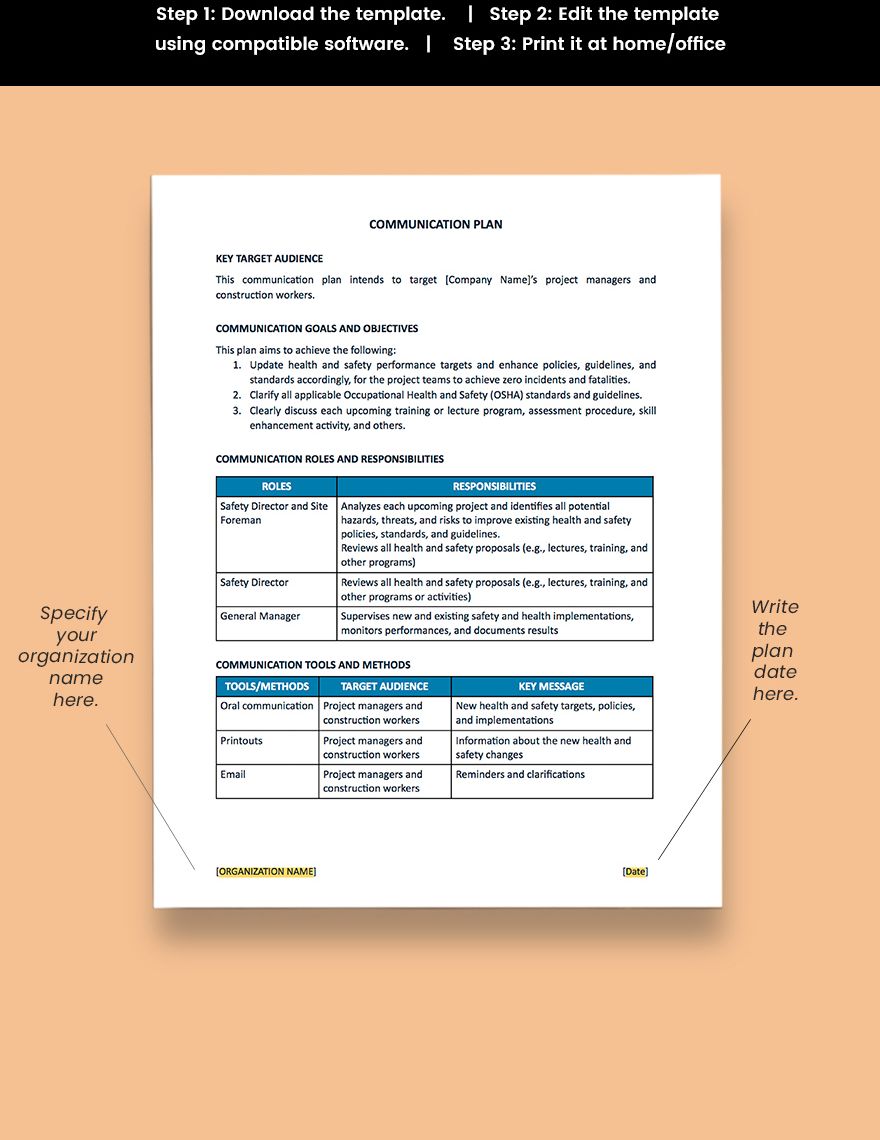 One Page Construction Communication Plan Template