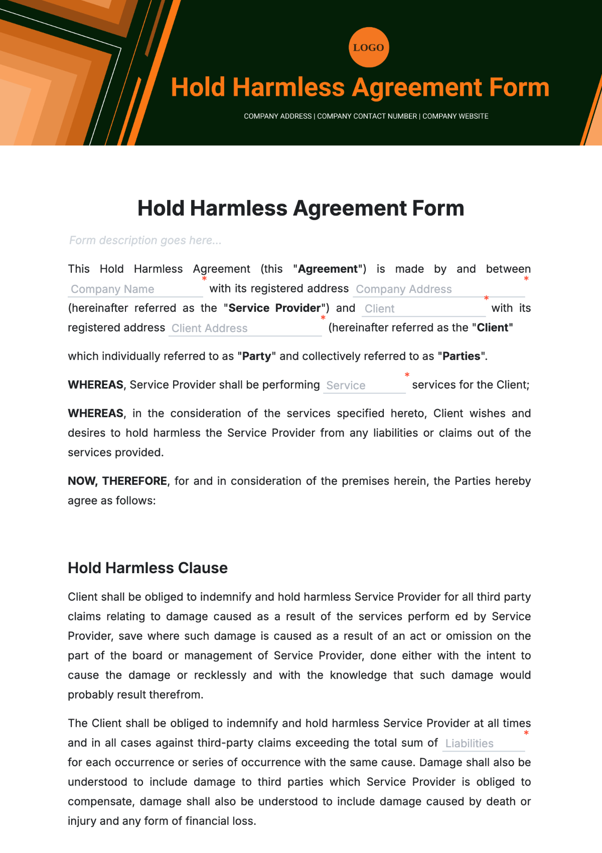 Hold Harmless Agreement Form Template - Edit Online & Download