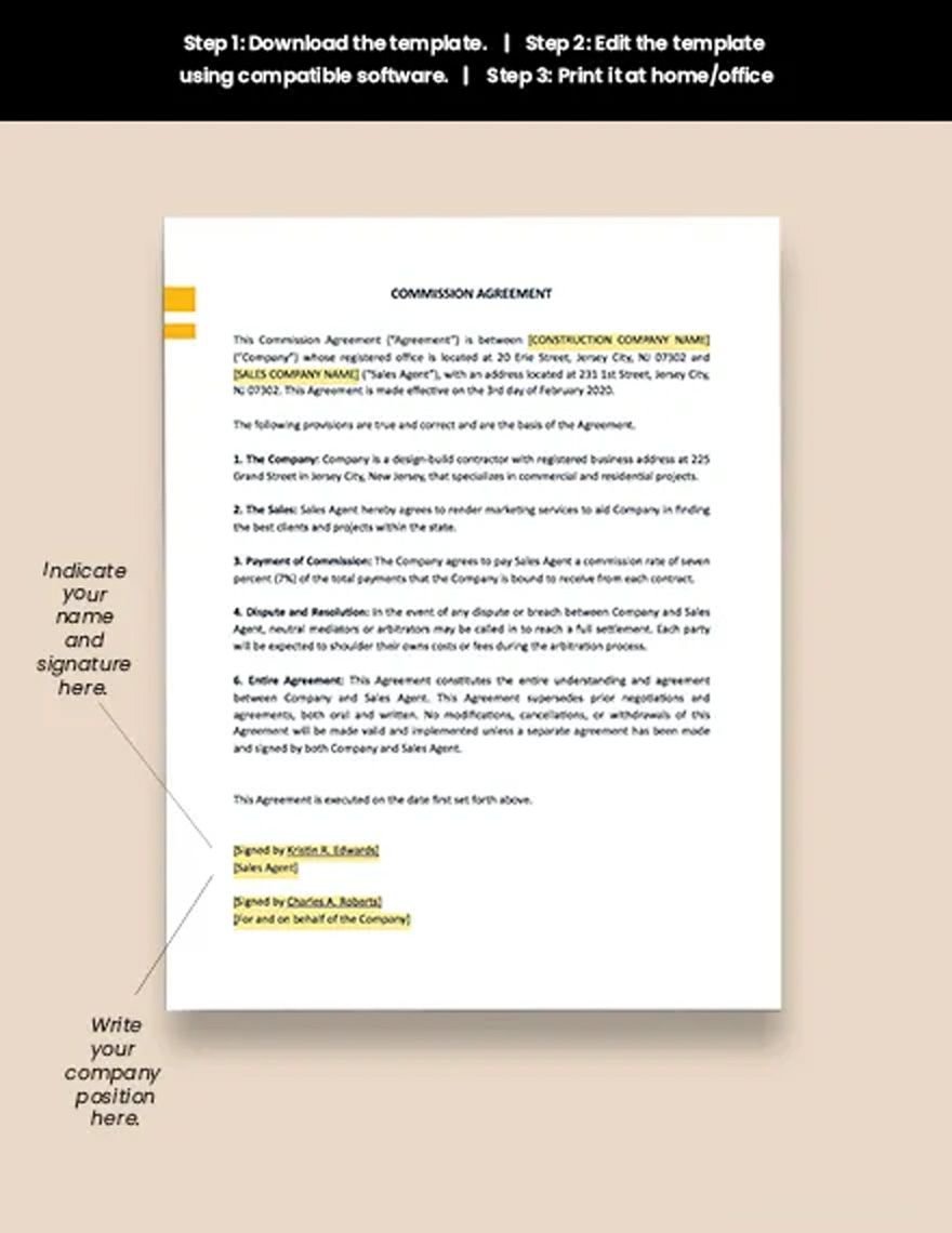 One Page Construction Commission Agreement Template