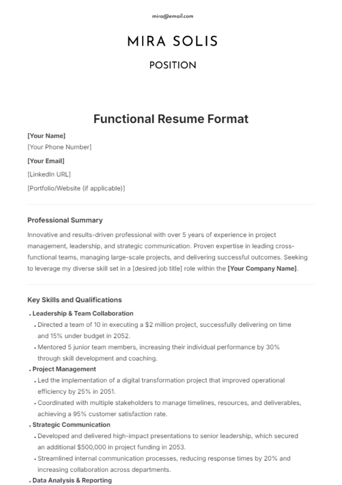 Functional Resume Format Template