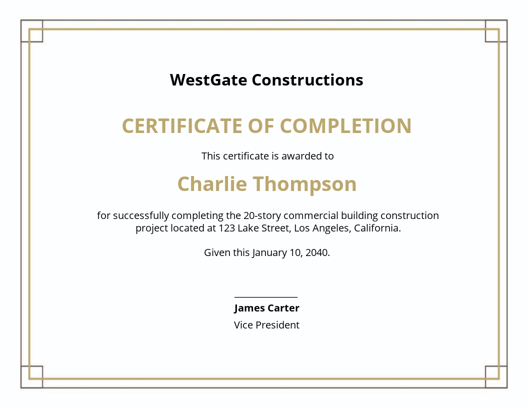 Free Construction Project Completion Certificate Template Pertaining To Certificate Of Completion Construction Templates