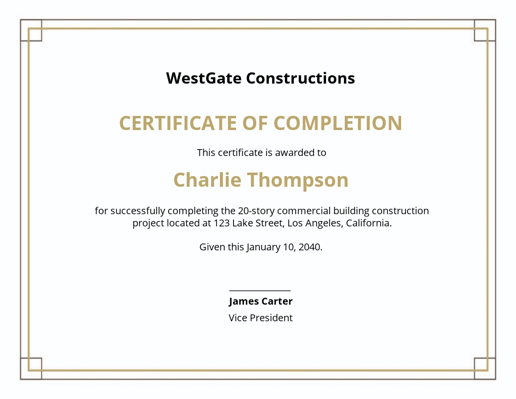 Free Construction Project Completion Certificate Template - Illustrator, Word, Apple Pages, PSD, PDF, Publisher