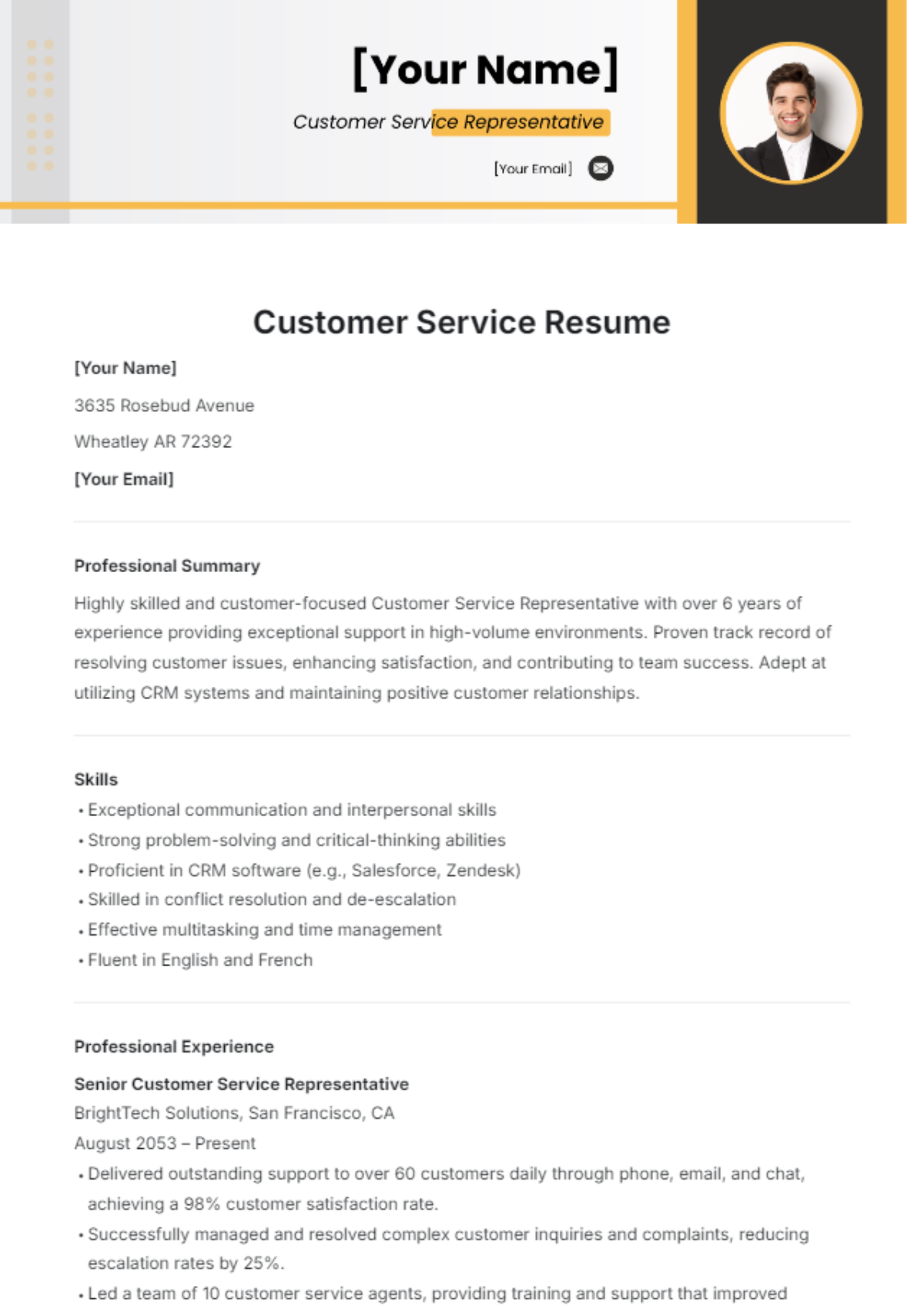 Customer Service Resume Template - Edit Online & Download