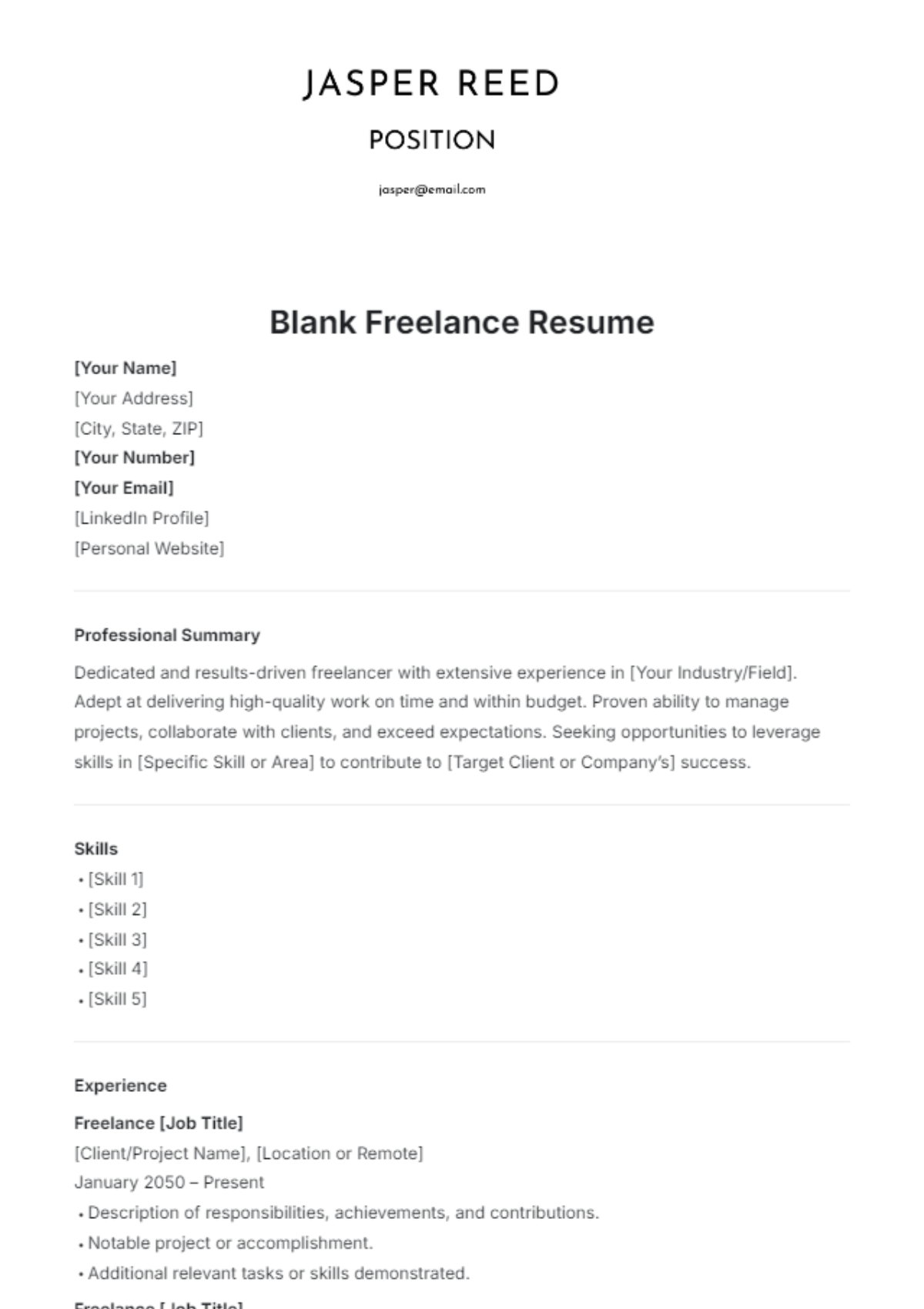 Blank Freelance Resume Template