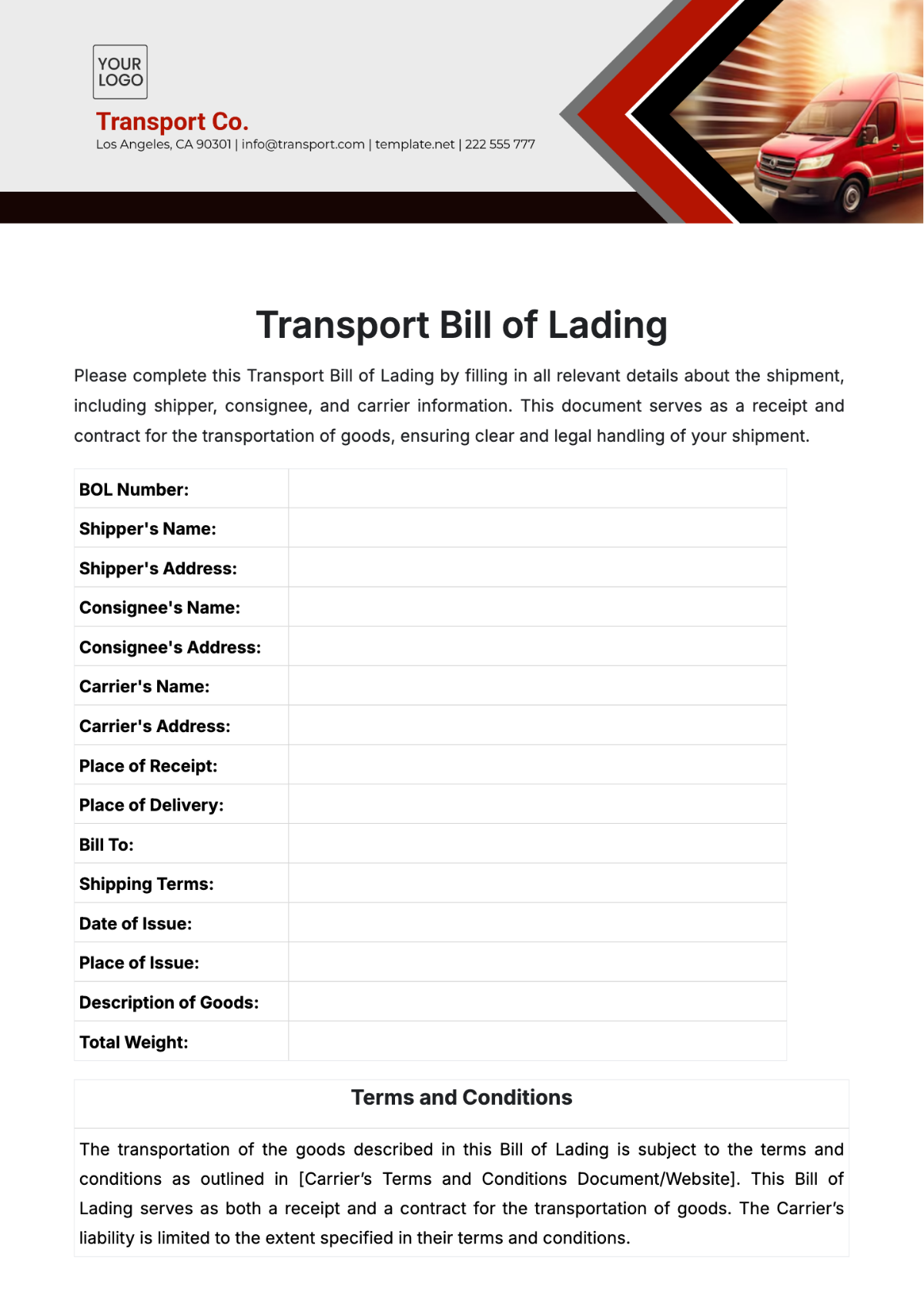 Transport Bill of Lading Template - Edit Online & Download