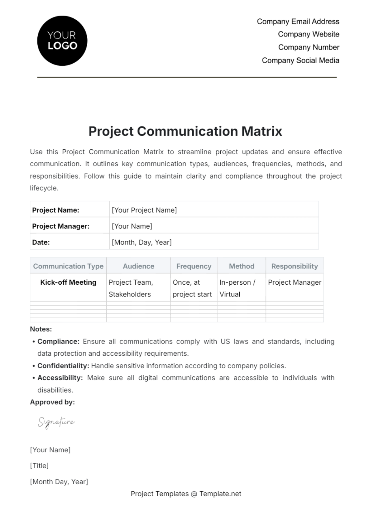 Project Communication Matrix Template - Edit Online & Download