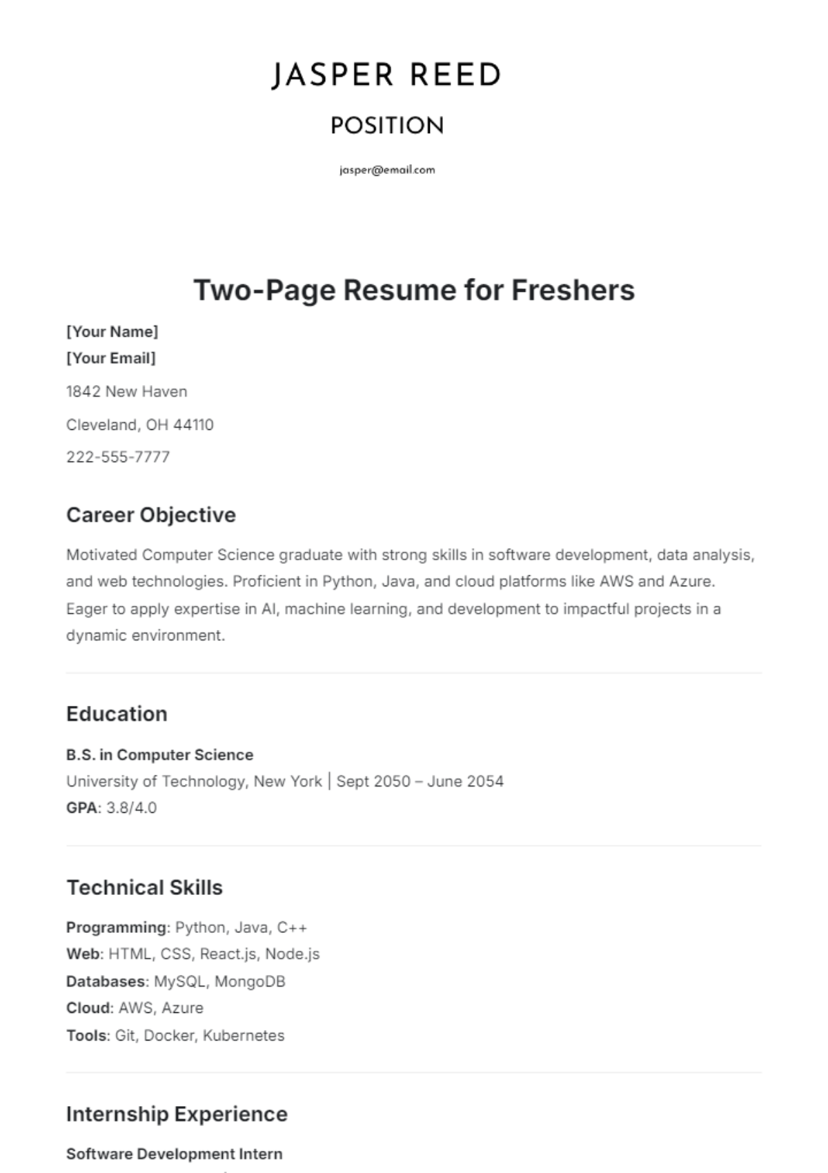 Two-Page Resume for Freshers Template - Edit Online & Download