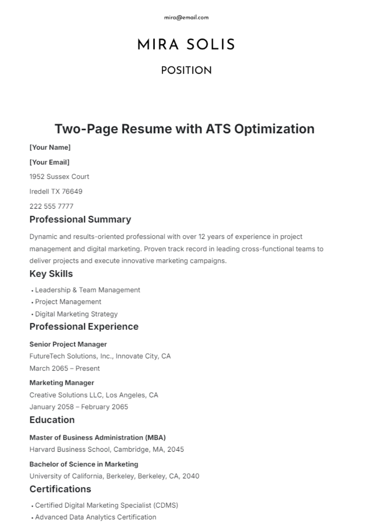 Two-Page Resume with ATS Optimization Template - Edit Online & Download