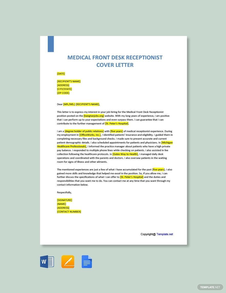 Free Medical Office Receptionist Cover Letter Template