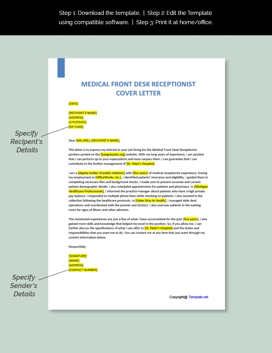 Medical Office Receptionist Cover Letter Template
