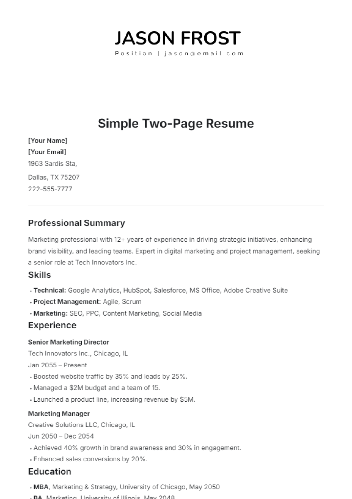 Simple Two-Page Resume Template - Edit Online & Download