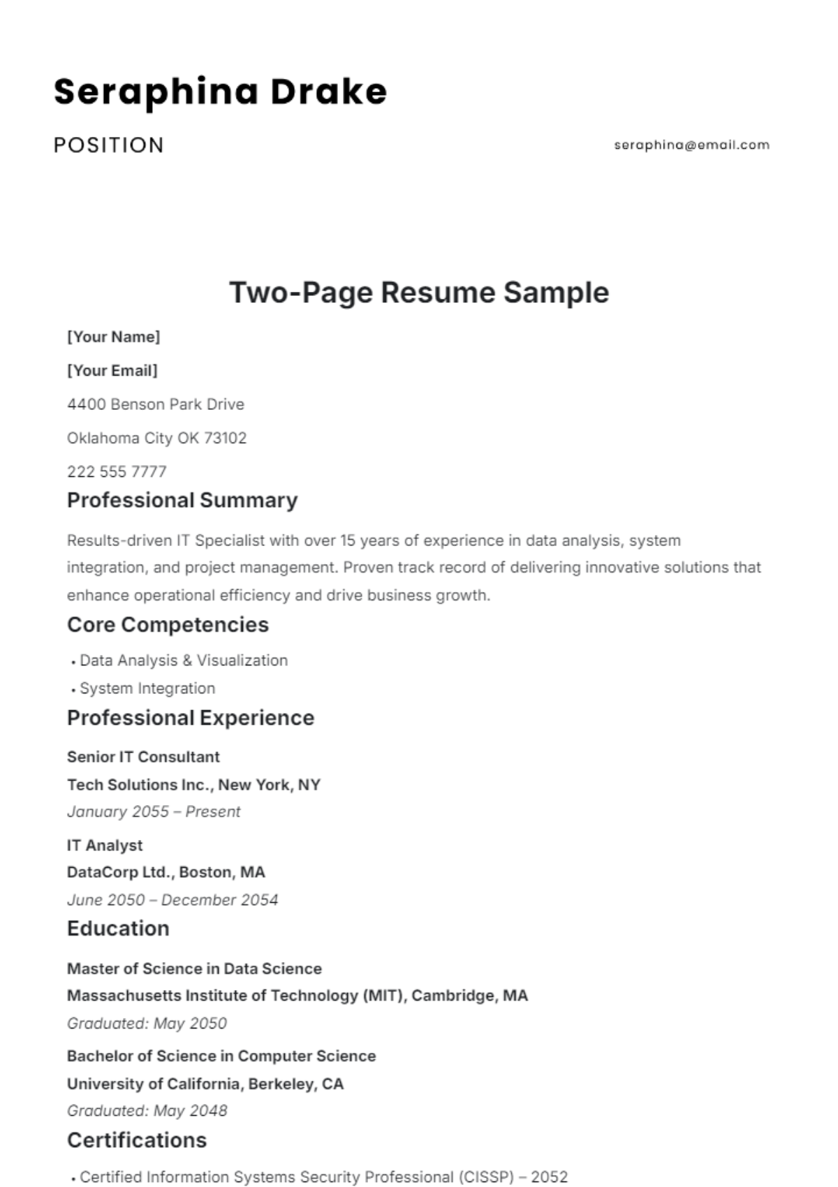 Two-Page Resume Sample Template - Edit Online & Download