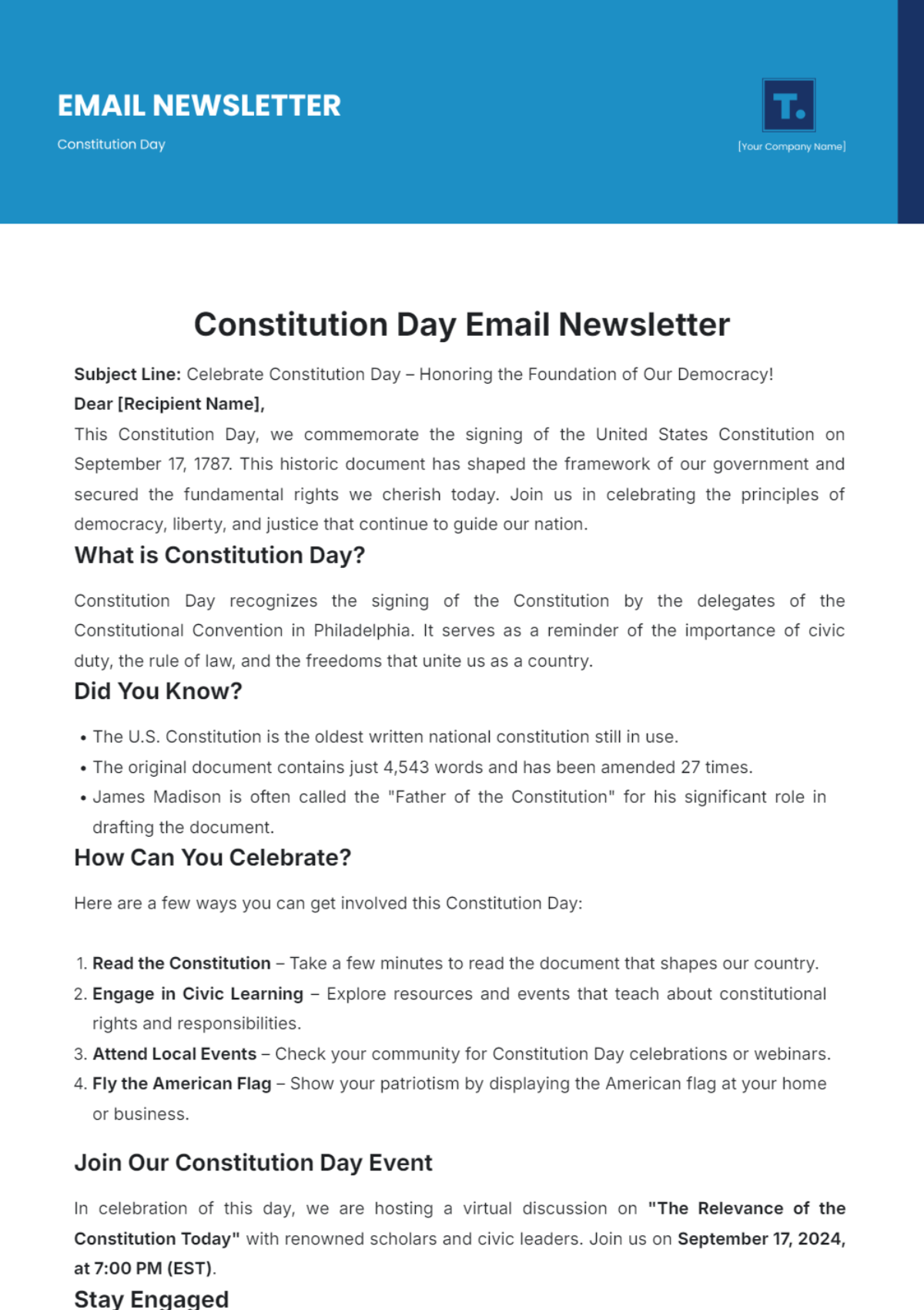 Constitution Day Email Newsletter Template - Edit Online & Download