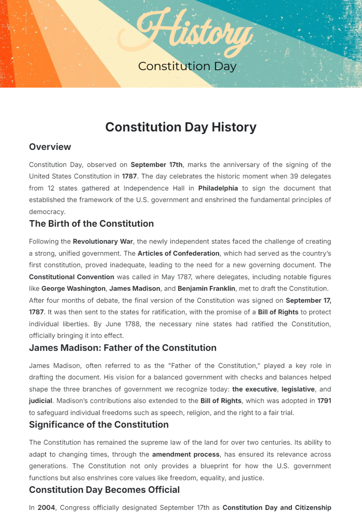 Constitution Day History Template - Edit Online & Download