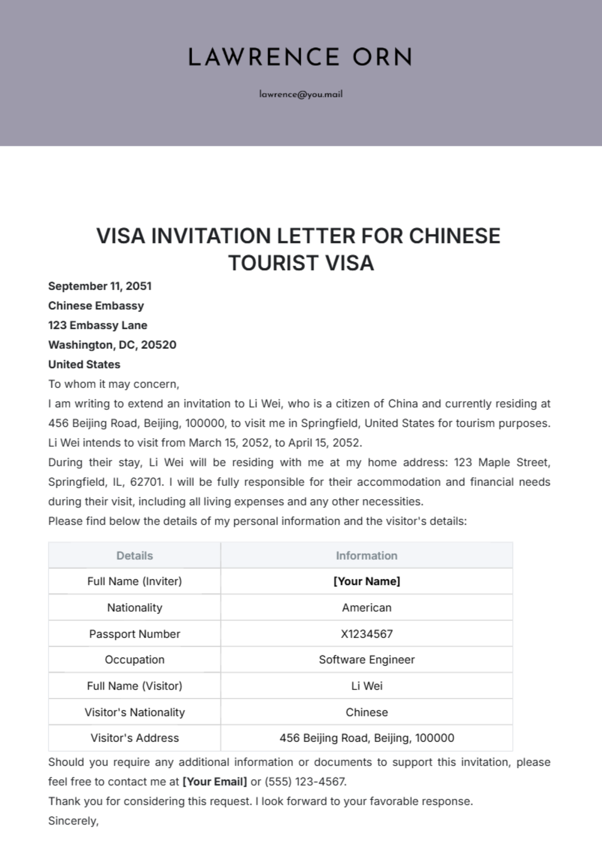 Visa Invitation Letter for Chinese Tourist Visa Template - Edit Online & Download