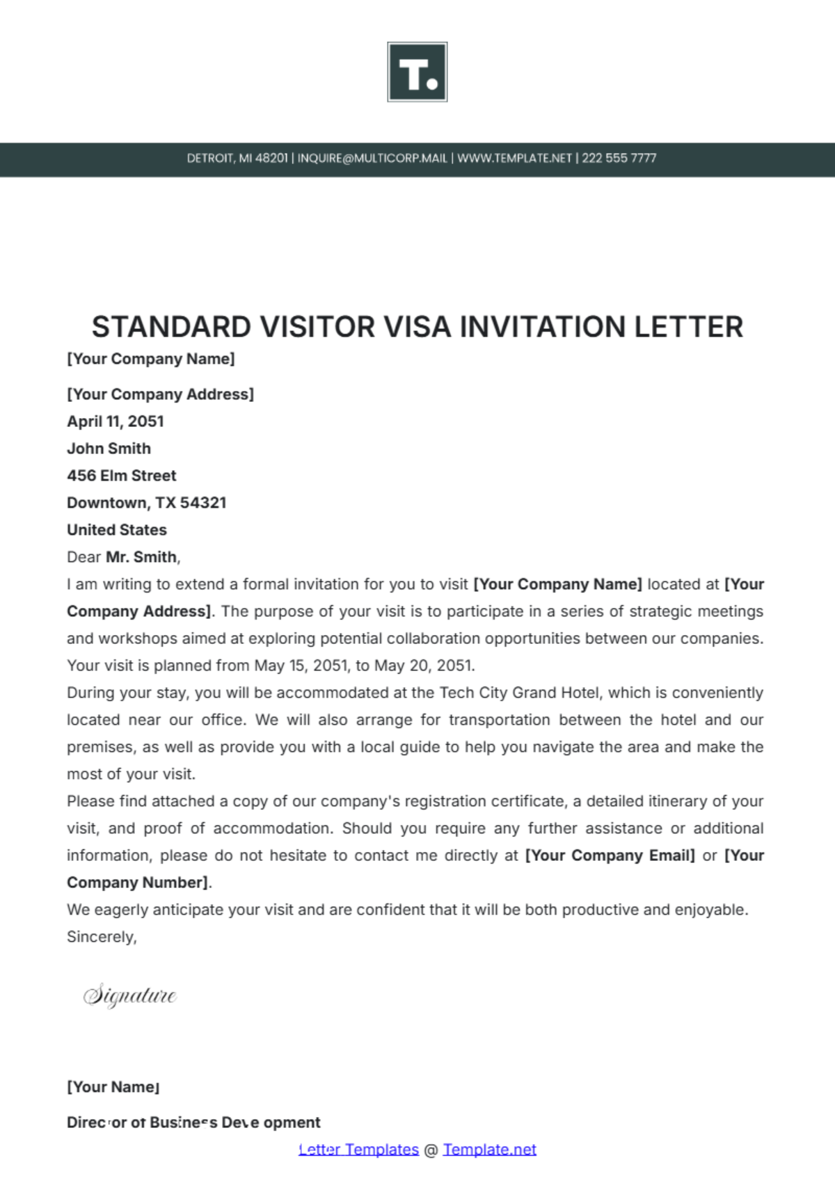 Standard Visitor Visa Invitation Letter Template - Edit Online & Download