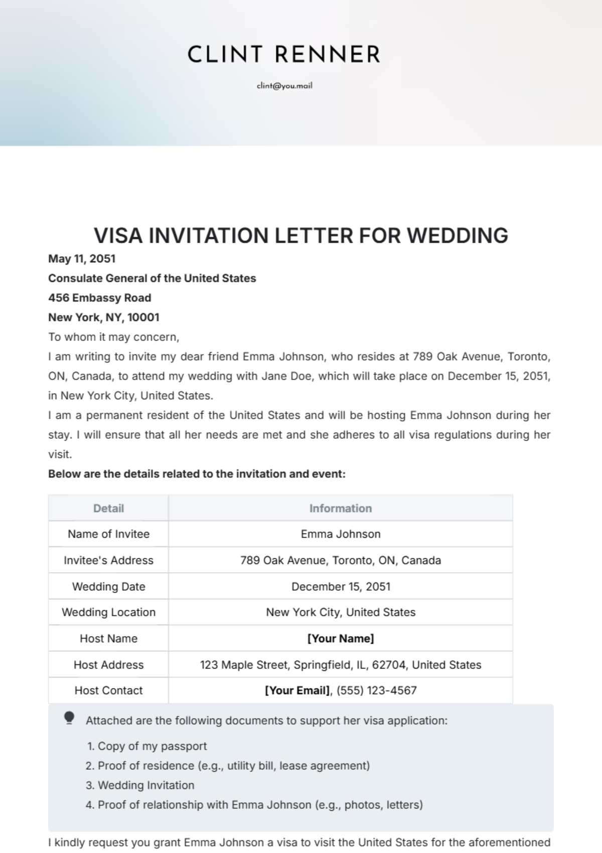 Visa Invitation Letter for Wedding Template - Edit Online & Download