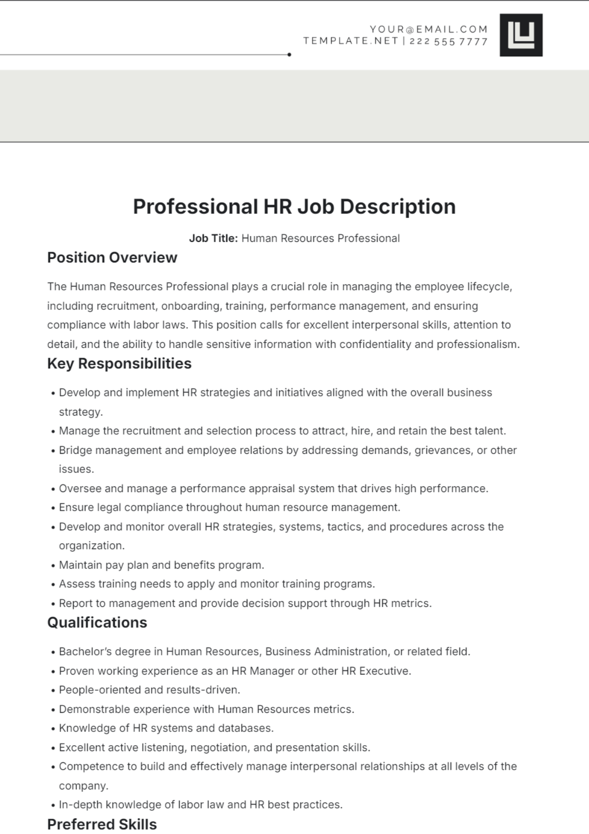 Professional HR Job Description Template - Edit Online & Download