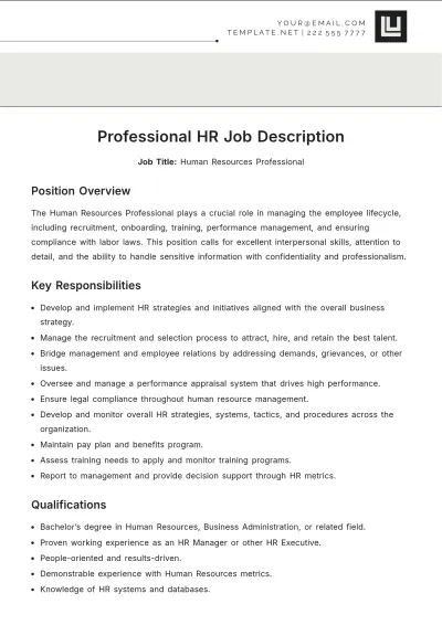 Free Professional HR Job Description Template to Edit Online