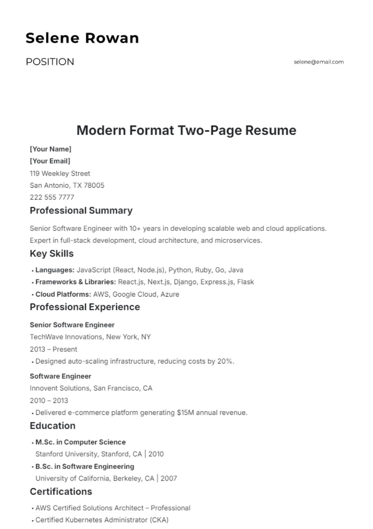 Modern Format Two-Page Resume Template - Edit Online & Download