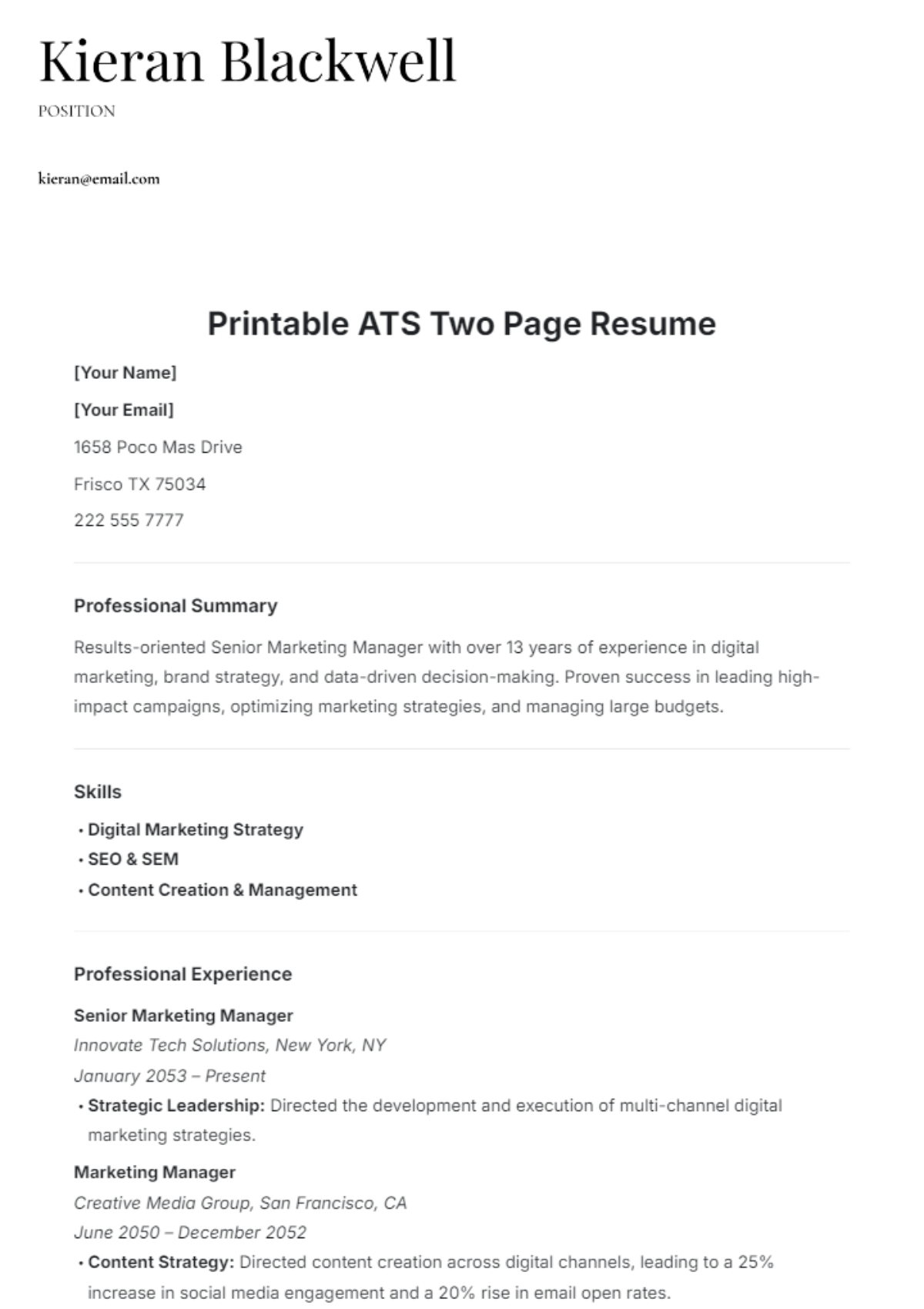 Printable ATS Two-Page Resume Template - Edit Online & Download