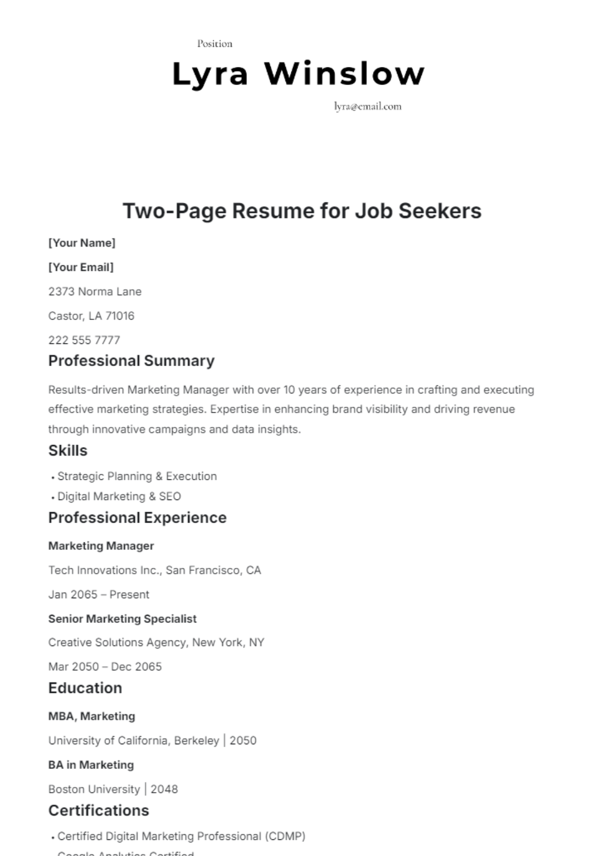 Two-Page Resume for Job Seekers Template - Edit Online & Download