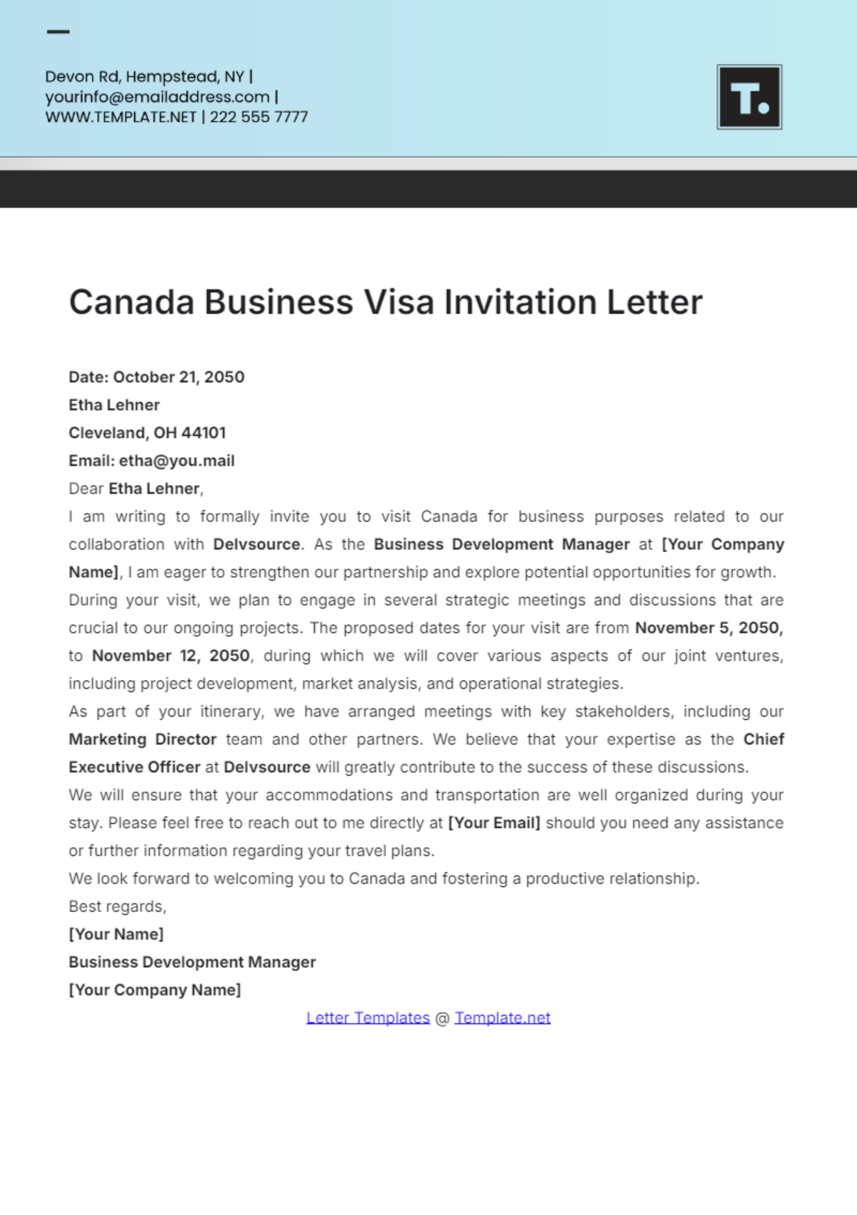 Canada Business Visa Invitation Letter Template