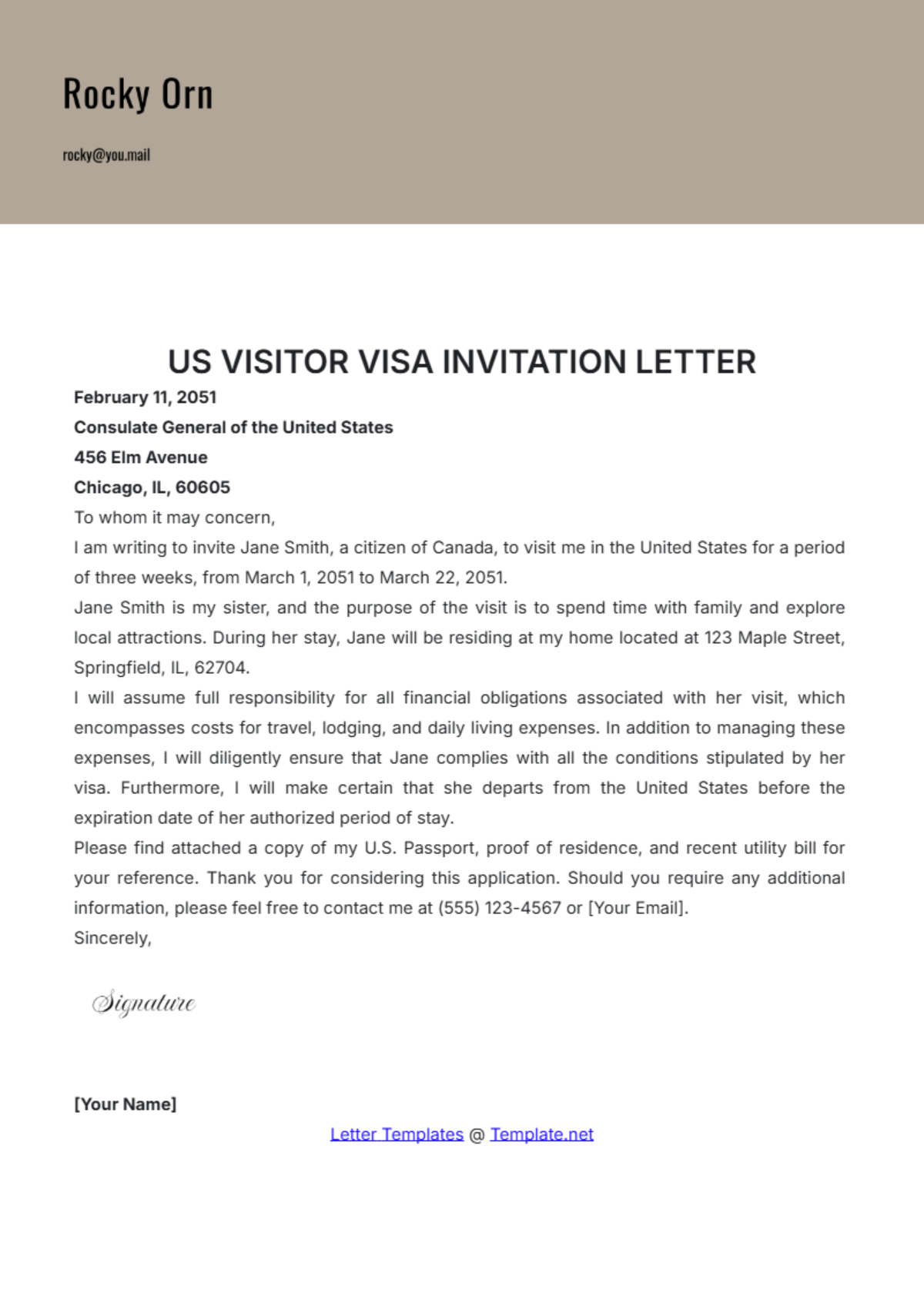 Free US Visitor Visa Invitation Letter Template to Edit Online