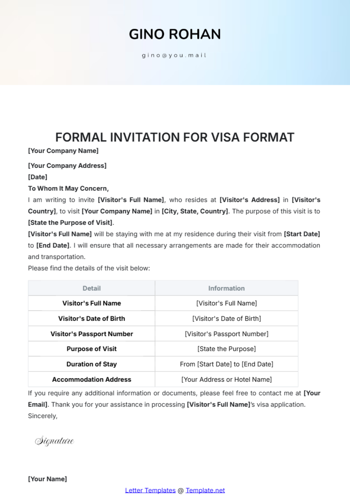 Formal Invitation for Visa Format Template - Edit Online & Download