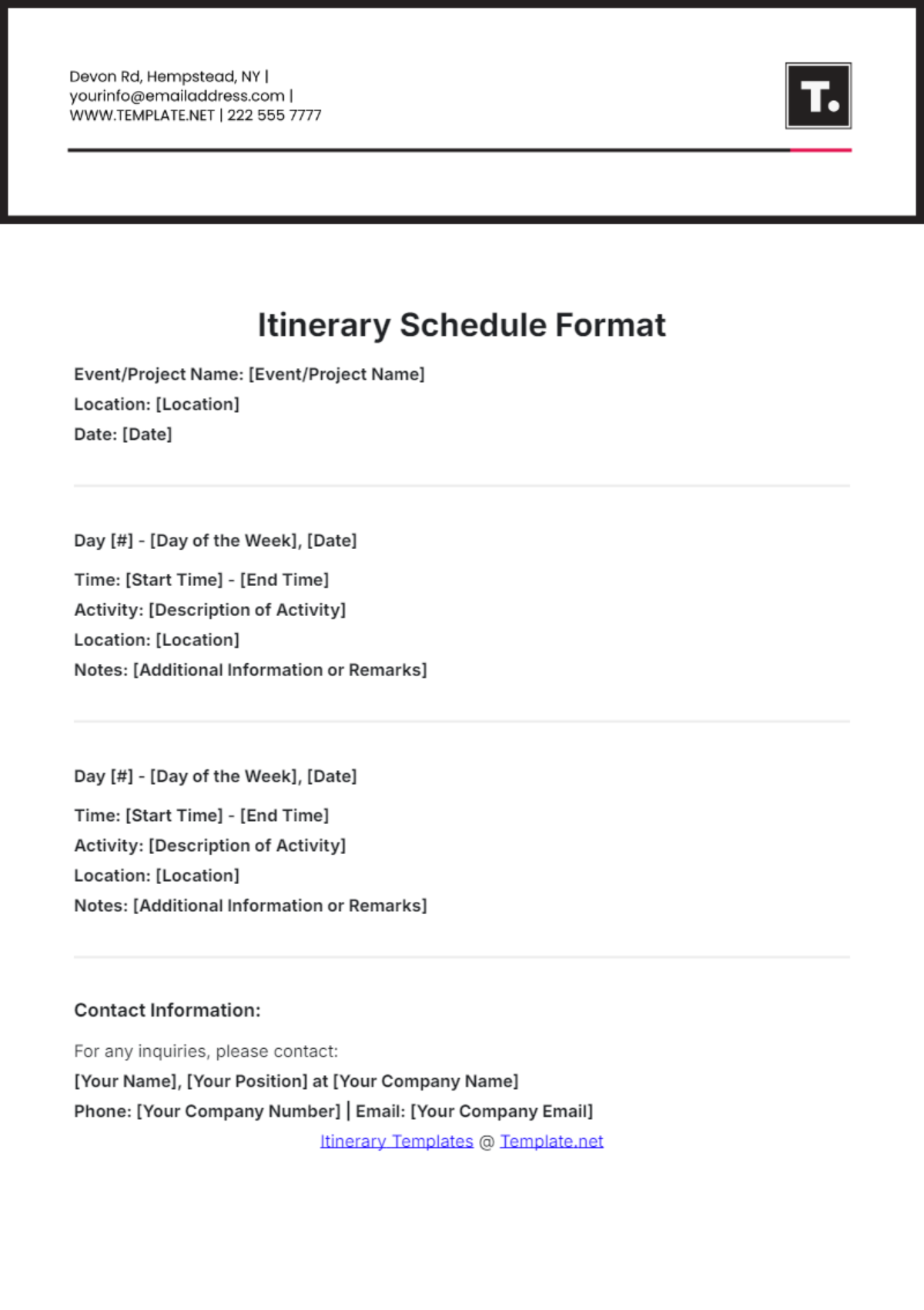 Itinerary Schedule Format Template