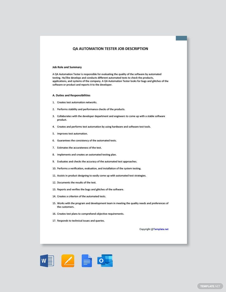 QA Automation Tester Job Description in Word, Google Docs, Pages, Outlook, PDF - Download | Template.net