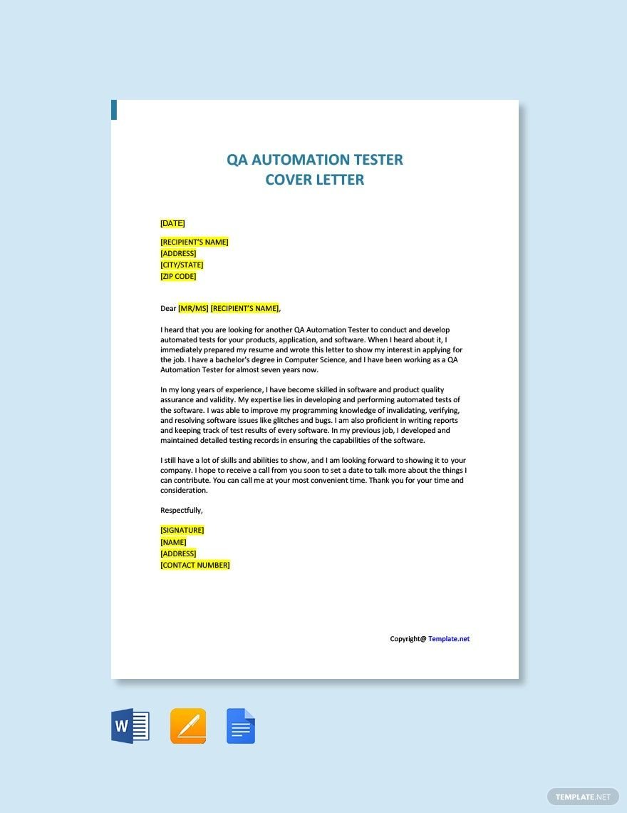 QA Automation Tester Cover Letter