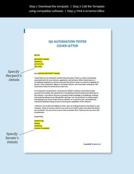 QA Automation Tester Cover Letter Template - Google Docs, Word