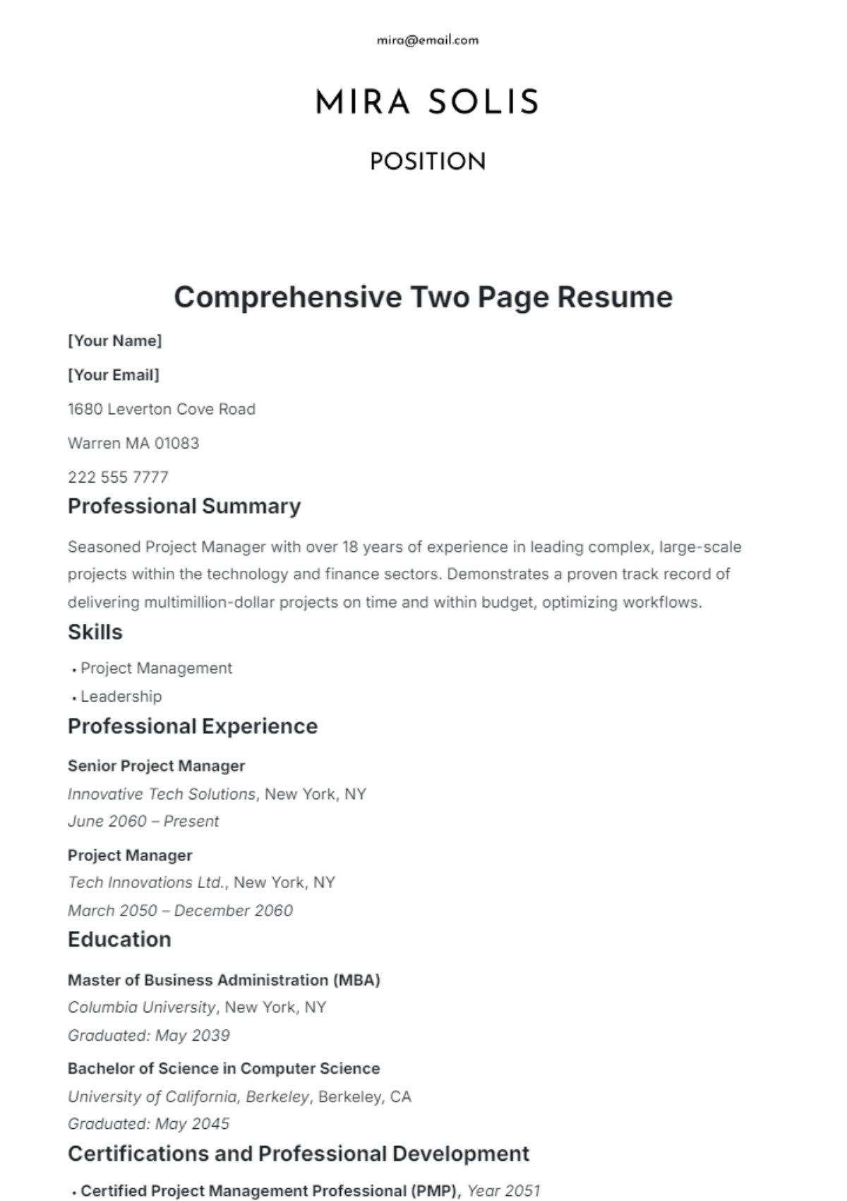 Comprehensive Two-Page Resume Template - Edit Online & Download