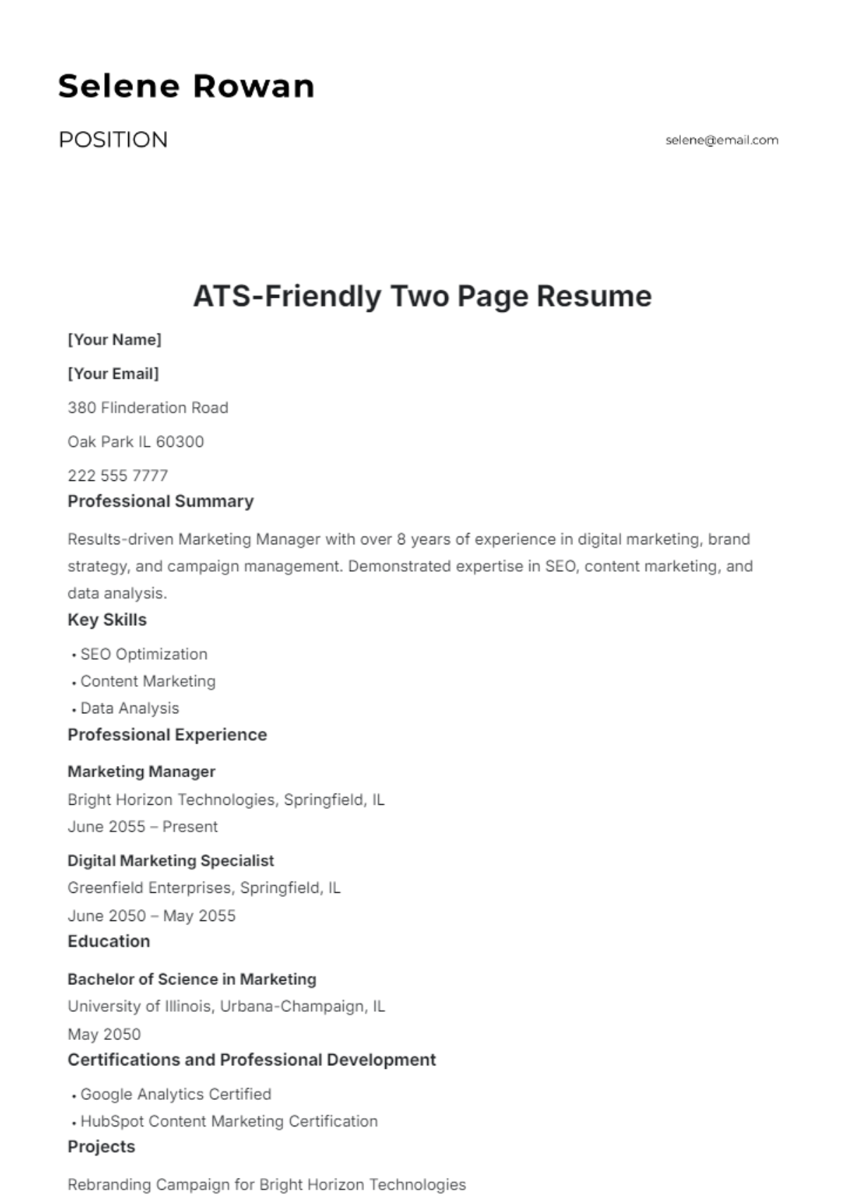 ATS-Friendly Two-Page Resume Template - Edit Online & Download