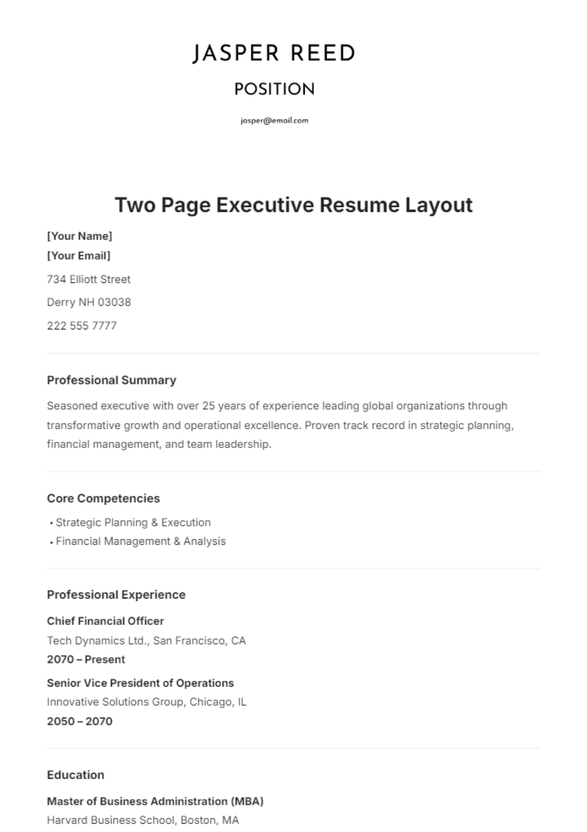 Two-Page Executive Resume Layout Template - Edit Online & Download