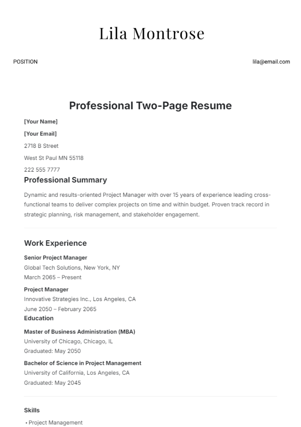 Professional Two-Page Resume Template - Edit Online & Download