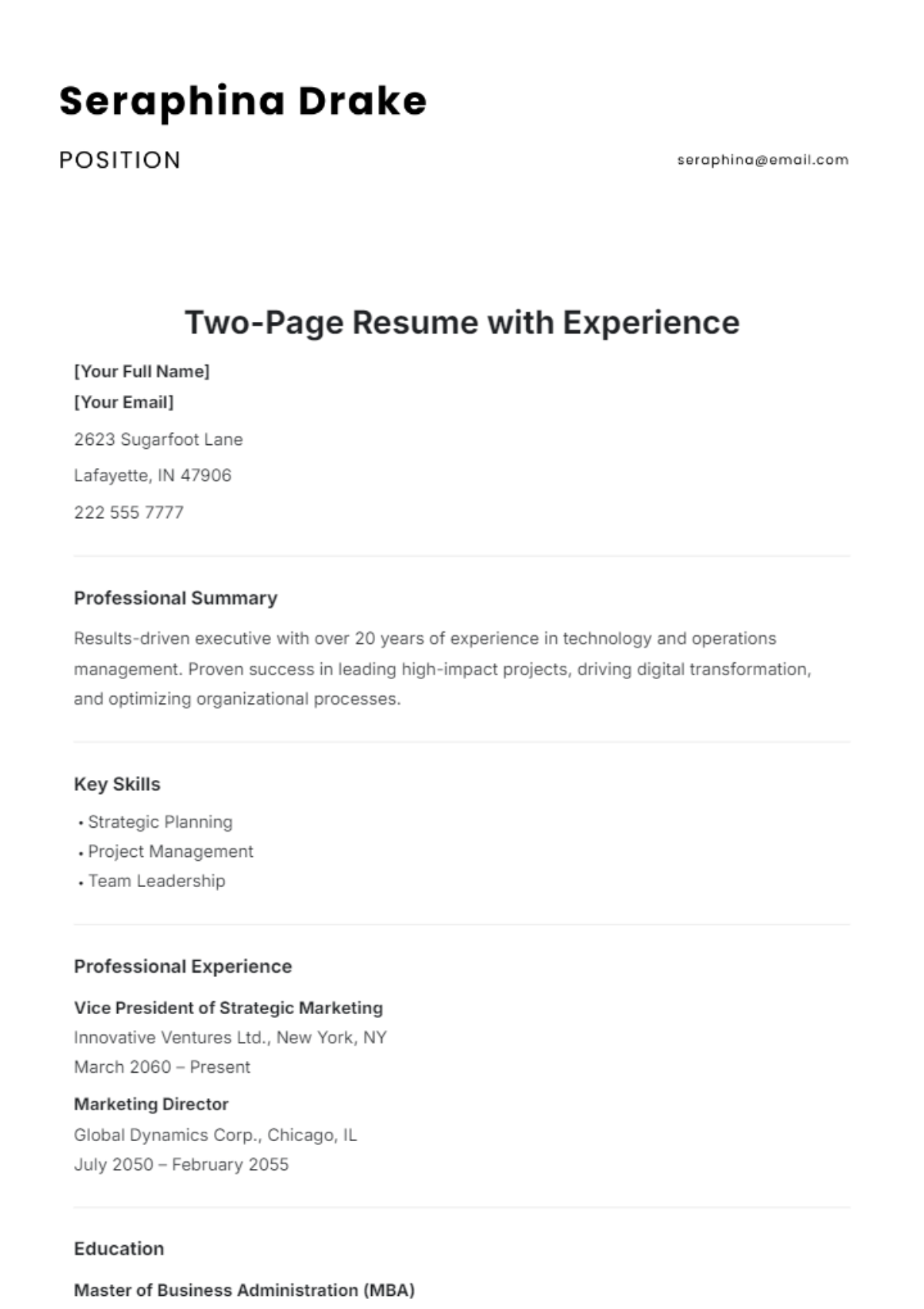 Two-Page Resume with Experience Template - Edit Online & Download