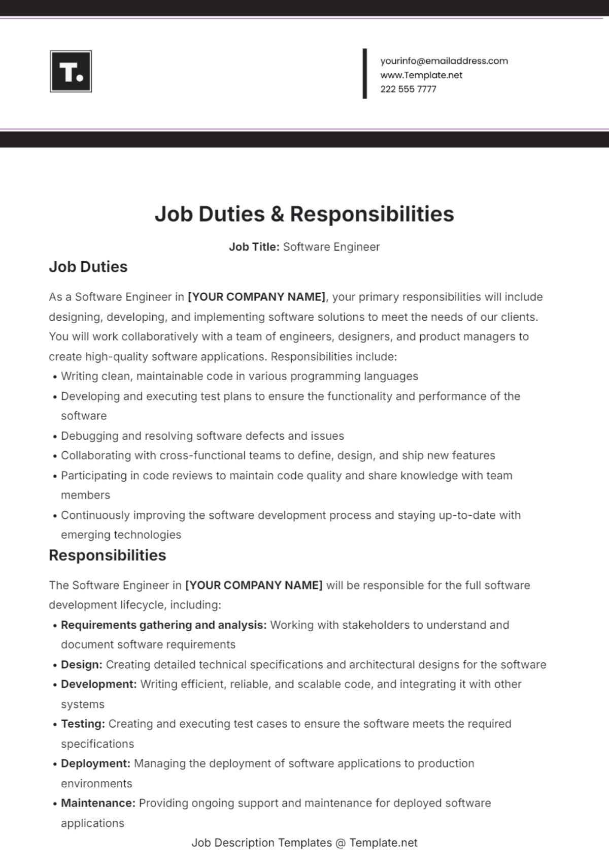 Free Job Duties & Responsibilities Template