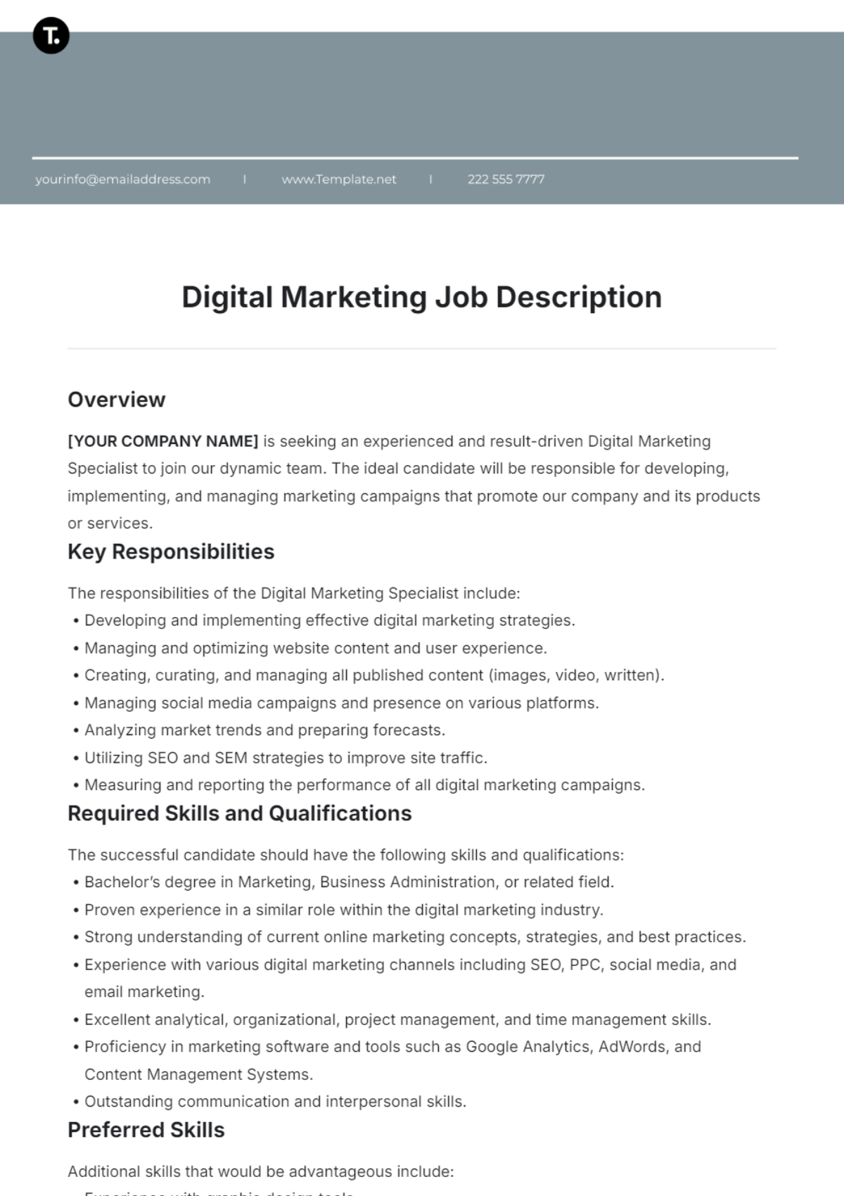 Free Digital Marketing Job Description Template