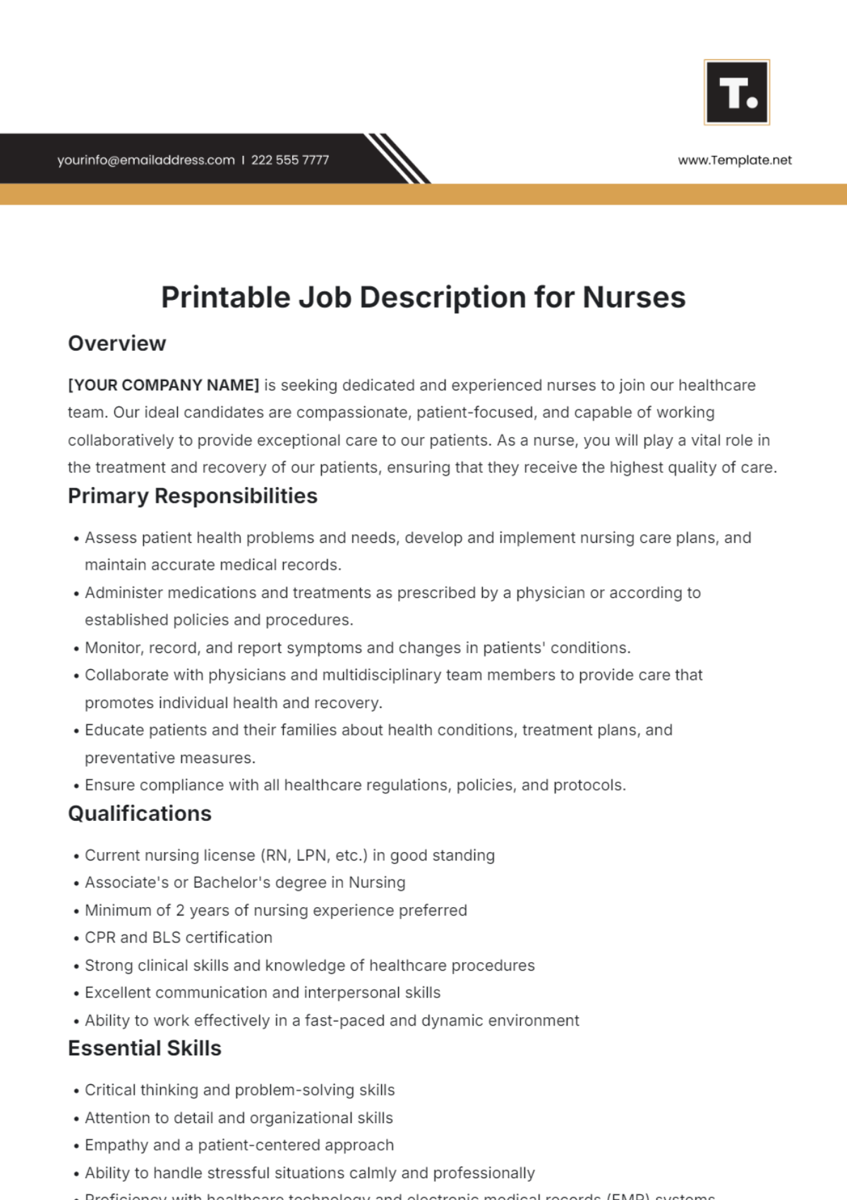 Free Printable Job Description for Nurses Template