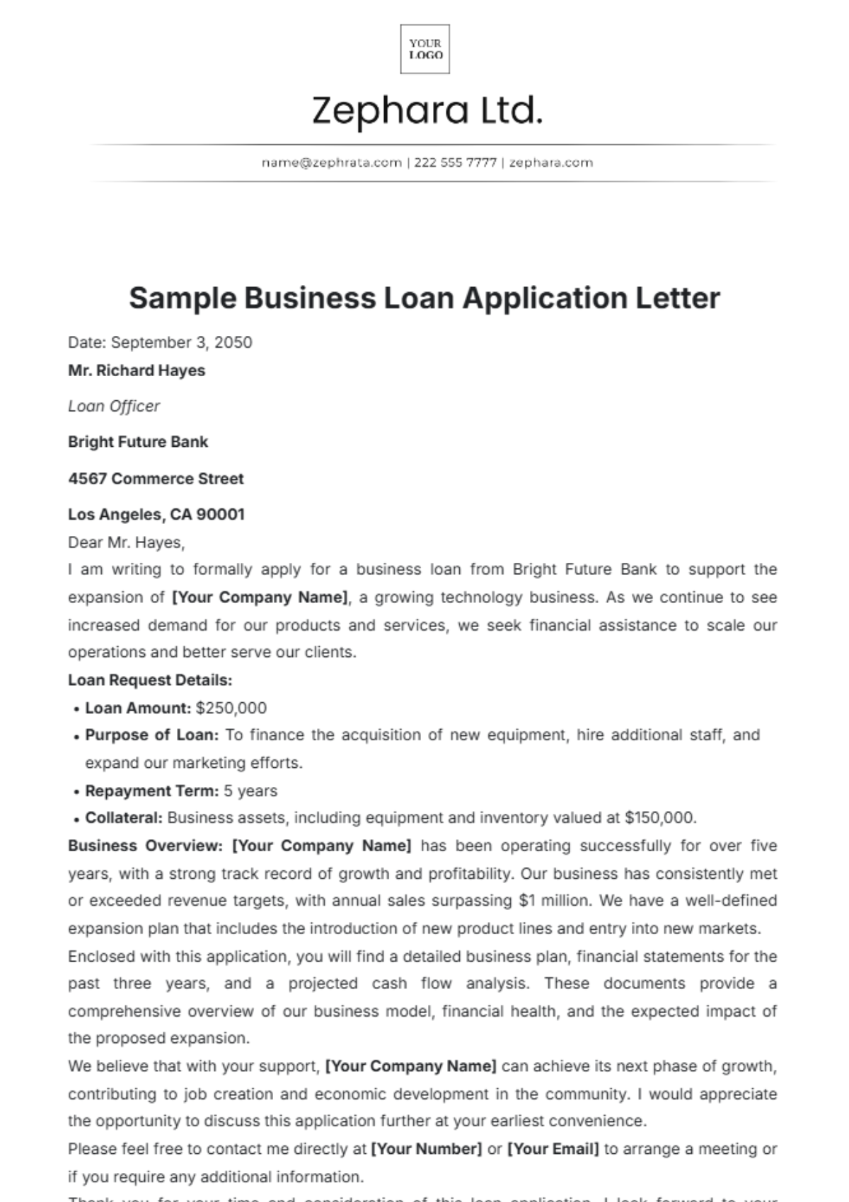 Sample Business Loan Application Letter Template