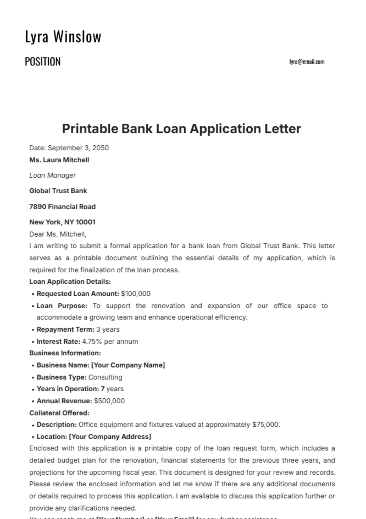 Printable Bank Loan Application Letter Template