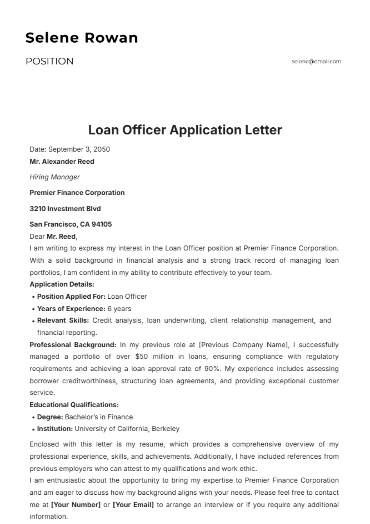 Loan Officer Application Letter Template