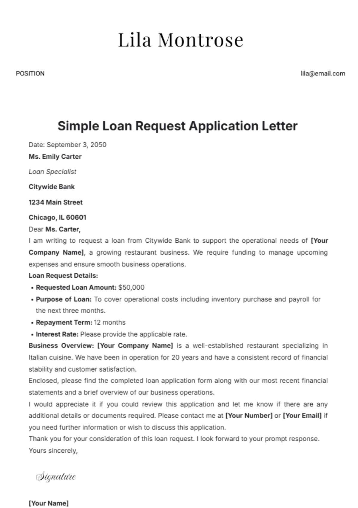 Simple Loan Request Application Letter Template