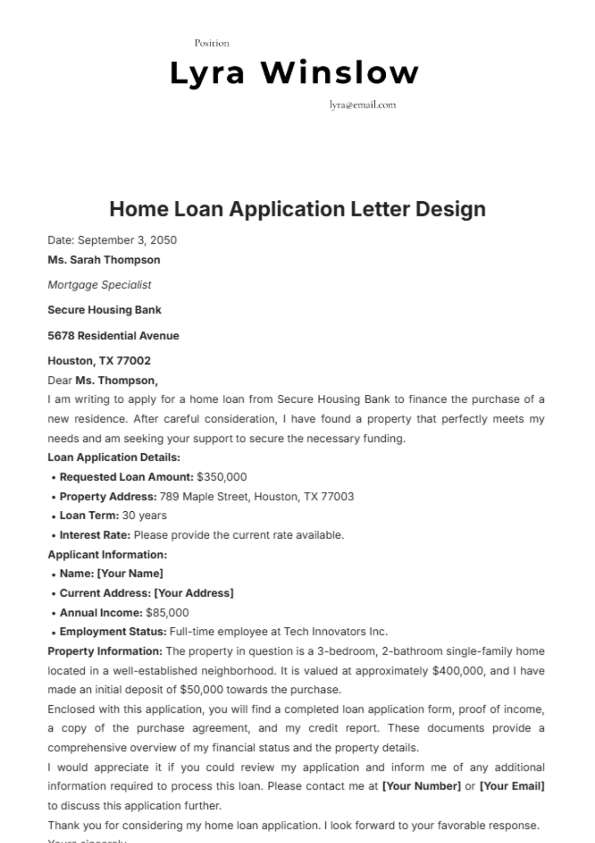 Home Loan Application Letter Design Template