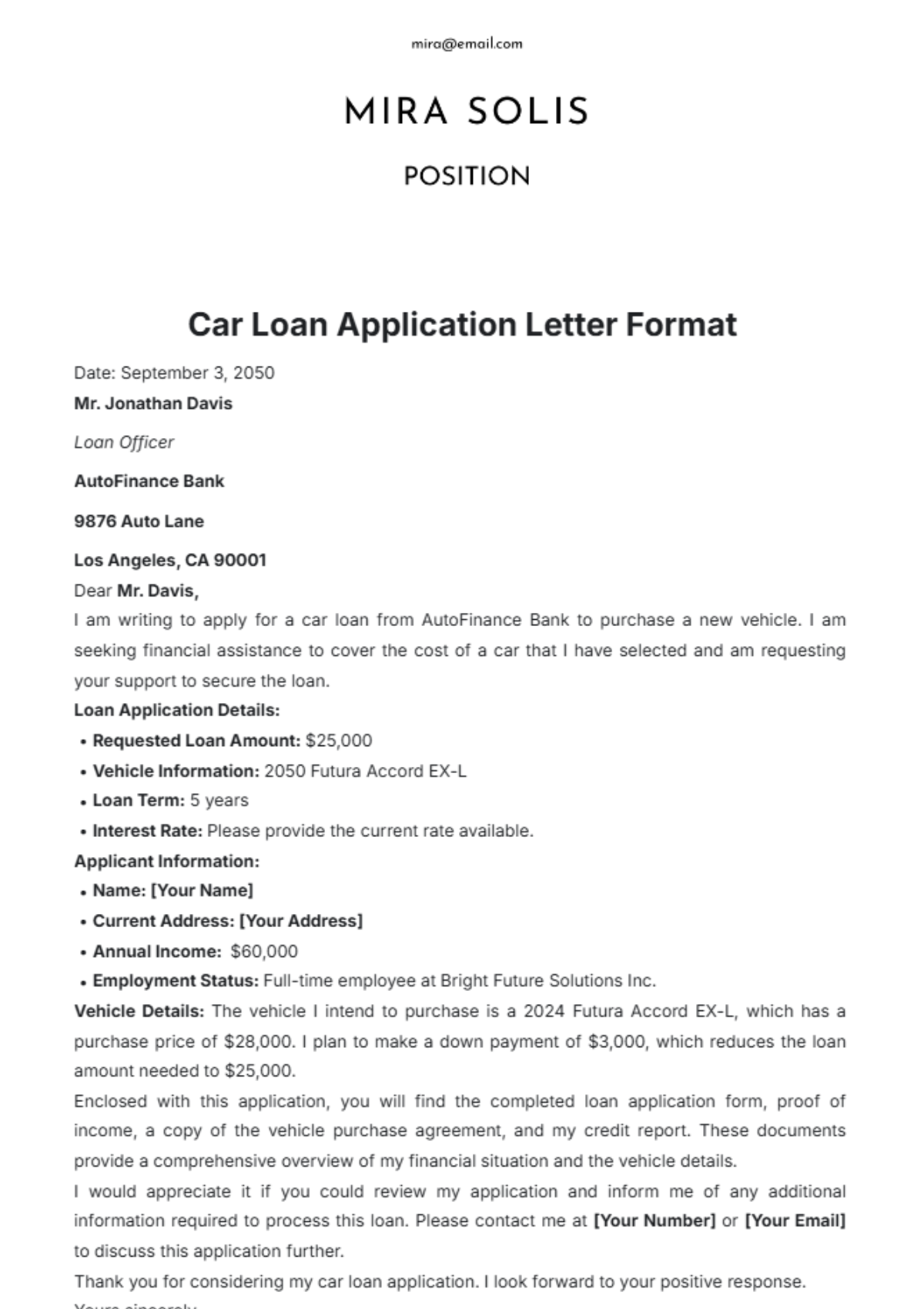 Car Loan Application Letter Format Template