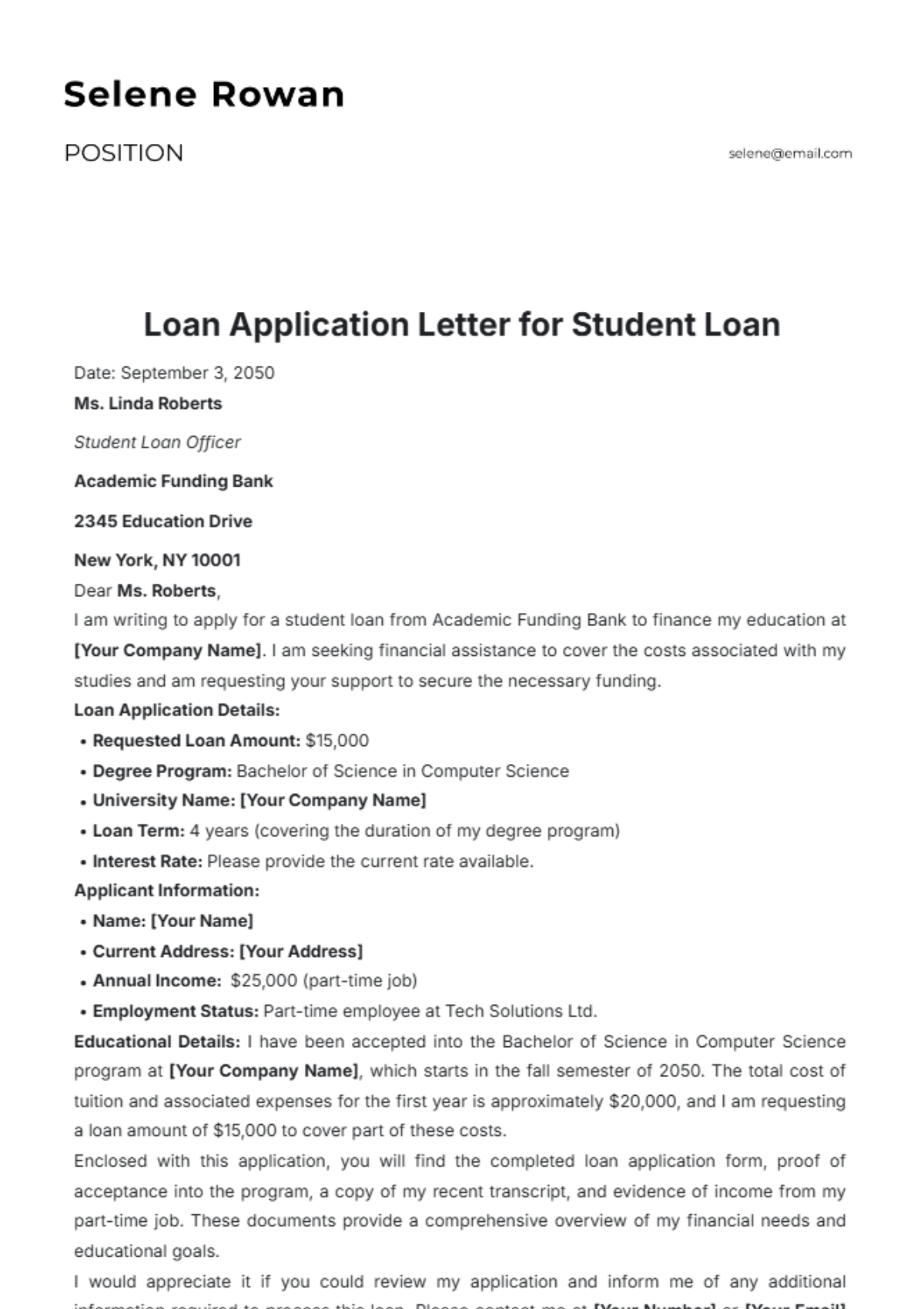 Loan Application Letter for Student Loan Template